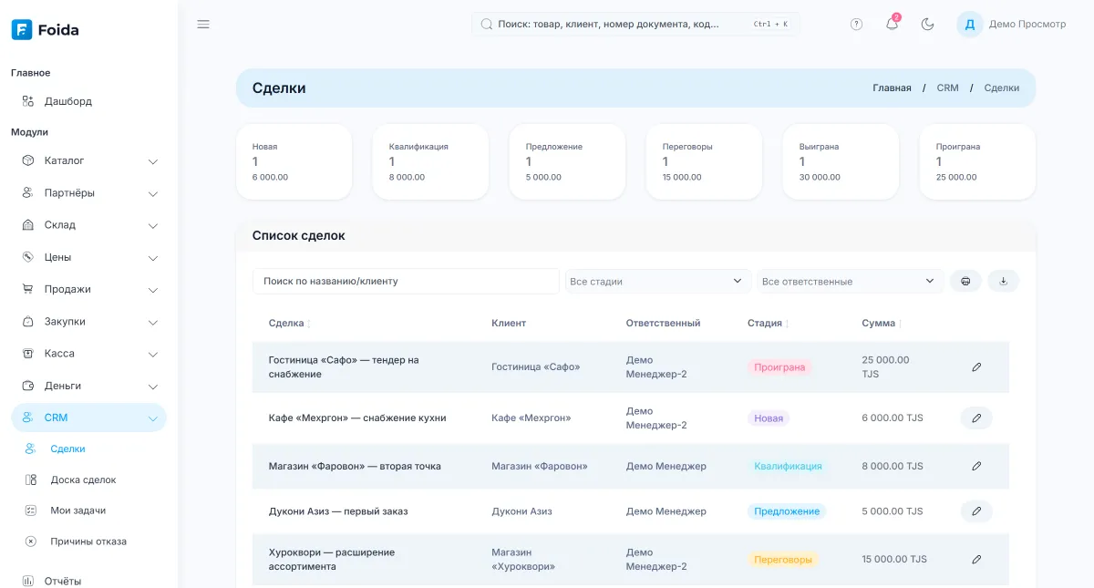 Сделки Foida: воронка, этапы, клиенты и суммы